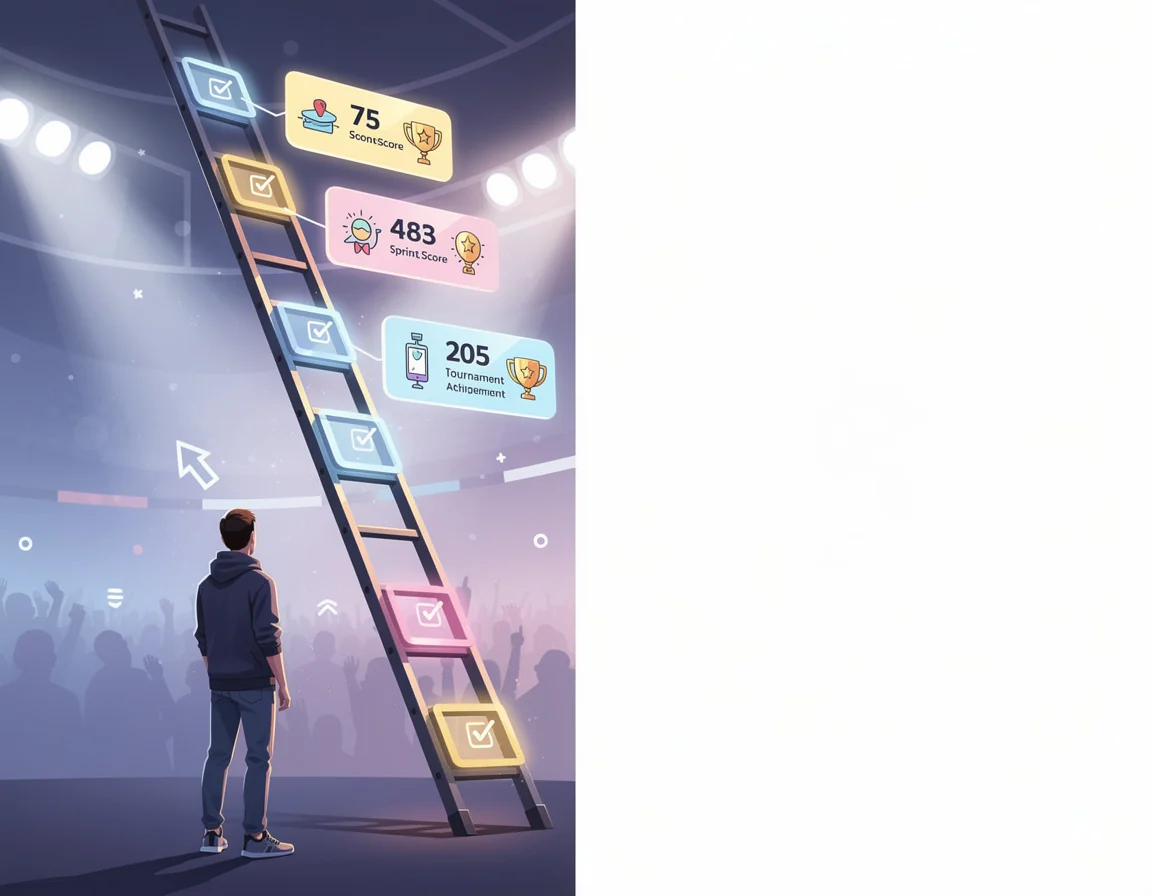 Ilustrasi Checklist ladder mingguan sebelum masuk turnamen untuk arena tangga achievement untuk sprint skor dan hadiah turnamen skill based
